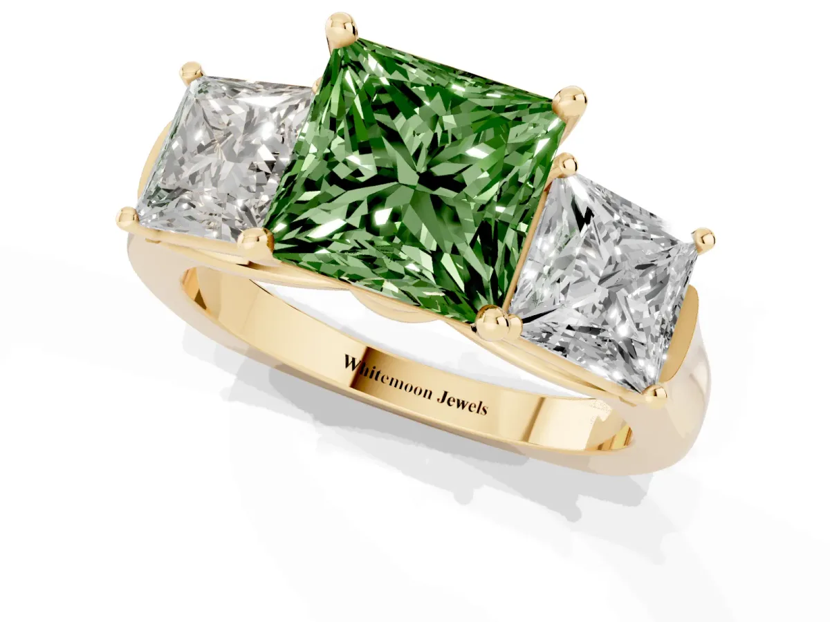 Fancy Green Three-Stone Princess Cut Brilliant Diamond Trellis Ring with Comfort Fit Band Yellow gold