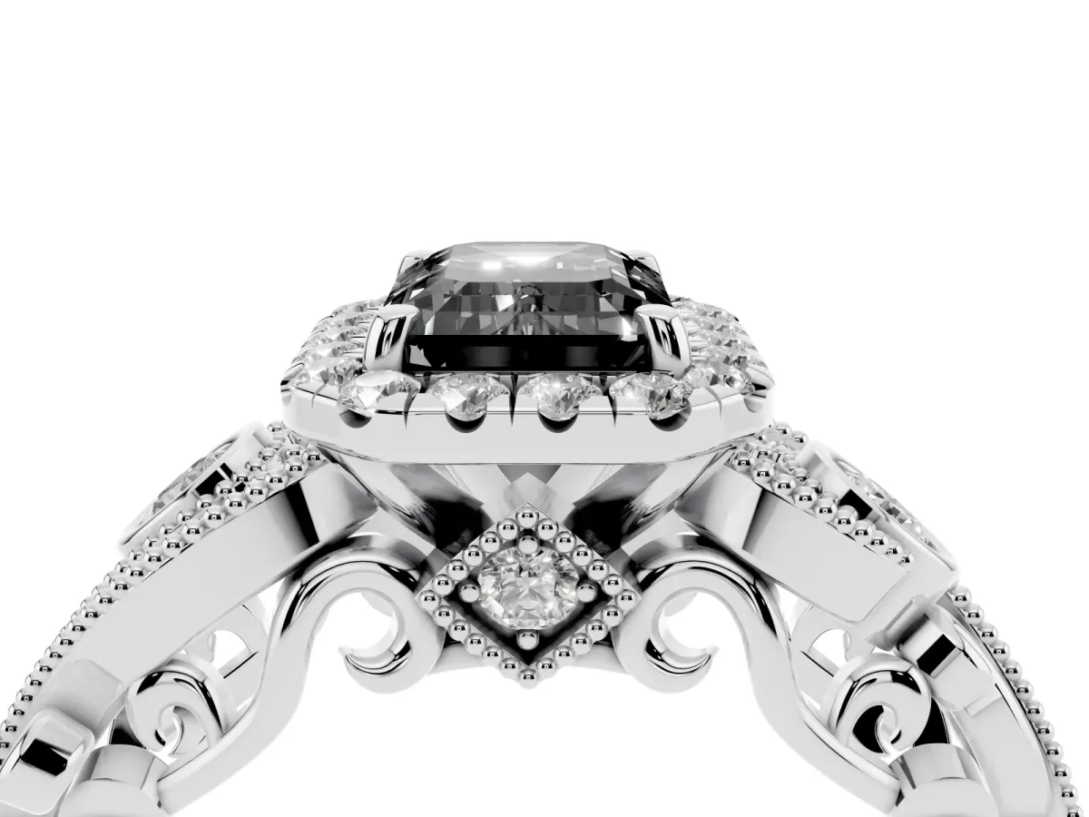 Fancy Black Emerald Cut Halo Diamond Ring with Milgrain and Bezel Accents on a Split Shank Band Platinum