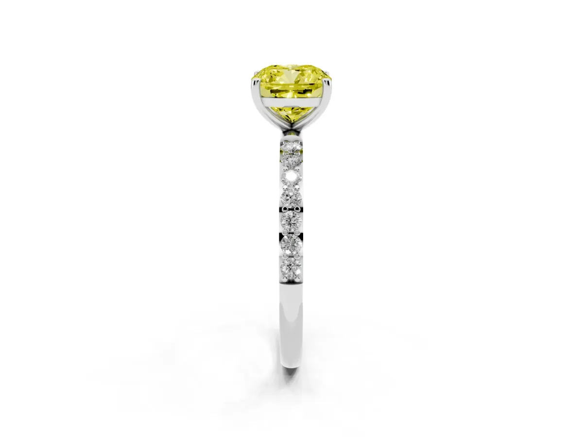 Fancy Yellow Cushion Cut Diamond Solitaire Ring with Round Pavé Shoulders and Prong Setting Silver