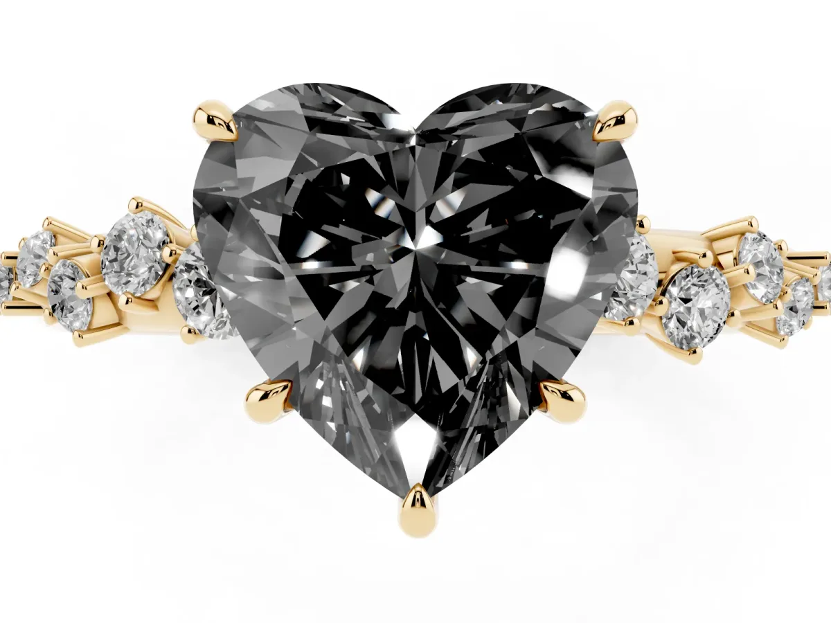 Fancy Black Heart Cut Diamond Cluster Side Stone Solitaire Ring with Prong Setting Yellow gold
