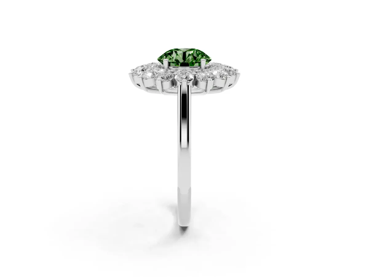 Fancy Green Round Cut Diamond Floral Double Halo Engagement Ring with Prong Setting Platinum
