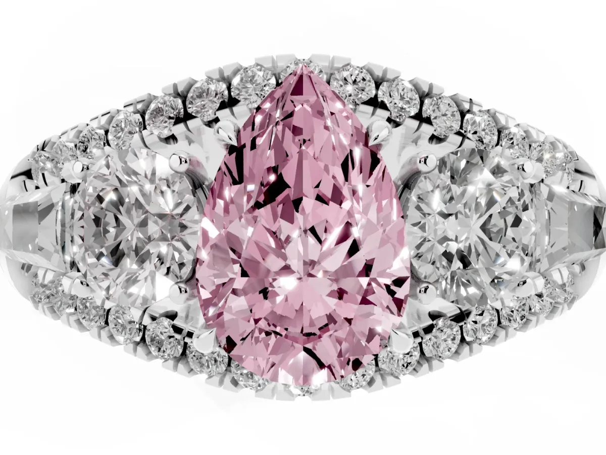 Fancy Pink Three-Stone Pear Cut Diamond Engagement Ring with Pave Band and Prong Setting Silver