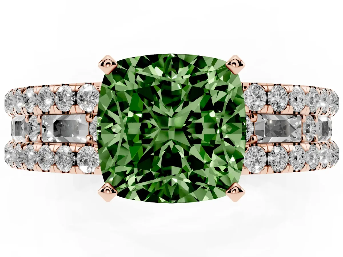 Fancy Green Cushion Cut Diamond Solitaire Ring with Pavé and Channel Set Band Rose gold