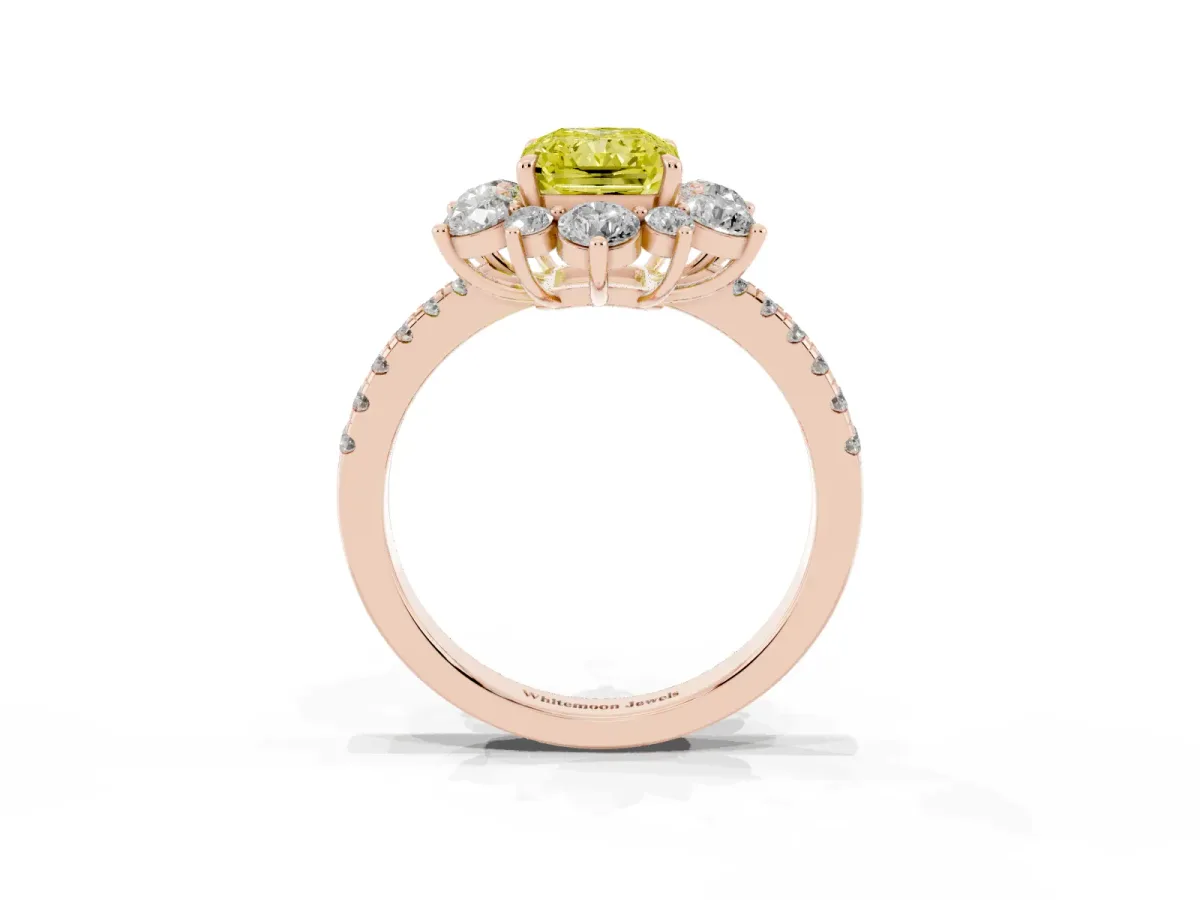 Fancy Yellow Radiant Cut Diamond Floral Halo Ring with Round Pavé Band and Prong Setting Rose gold
