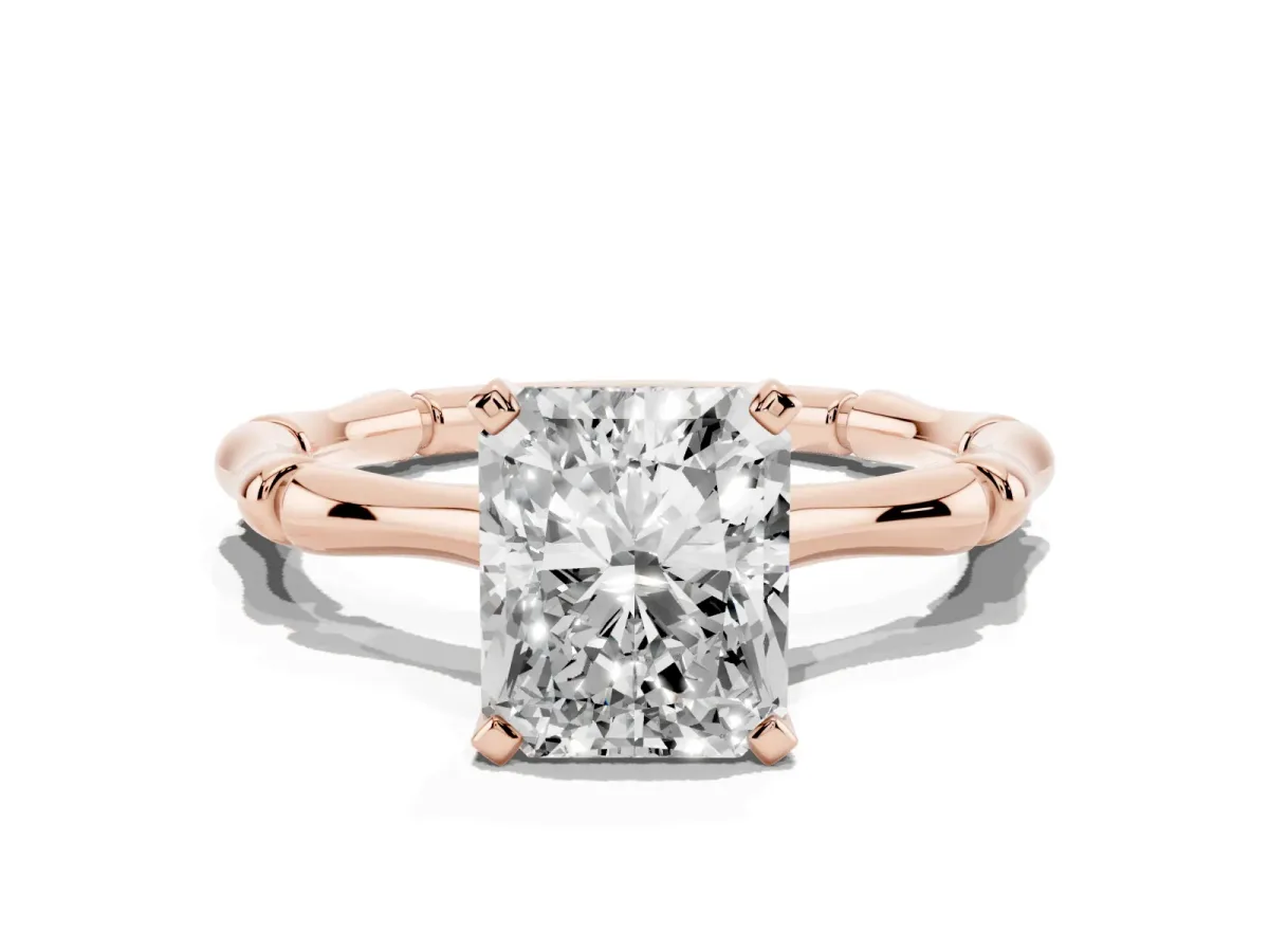 Radiant Cut Solitaire Diamond Ring with Bamboo Band and Four-Prong Setting Rose gold