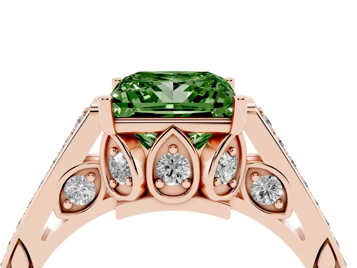 Fancy Green Princess Cut Cut Cathedral Pave Diamond Engagement Ring with Six-Prong Setting Rose gold