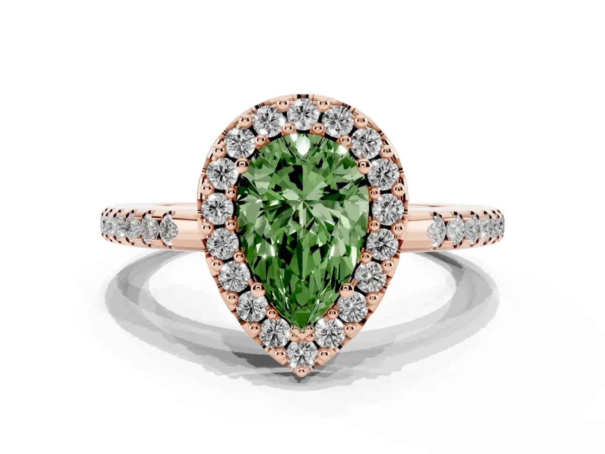 Fancy Green Pear Cut Diamond Pavé Halo Ring with Four-Prong Setting Rose gold