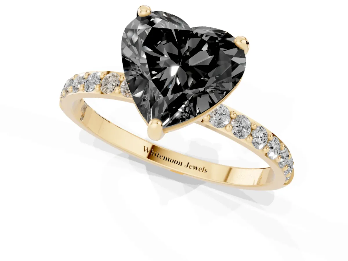 Fancy Black Heart Cut Diamond Solitaire Ring with Round Pavé Band and Prong Setting Yellow gold