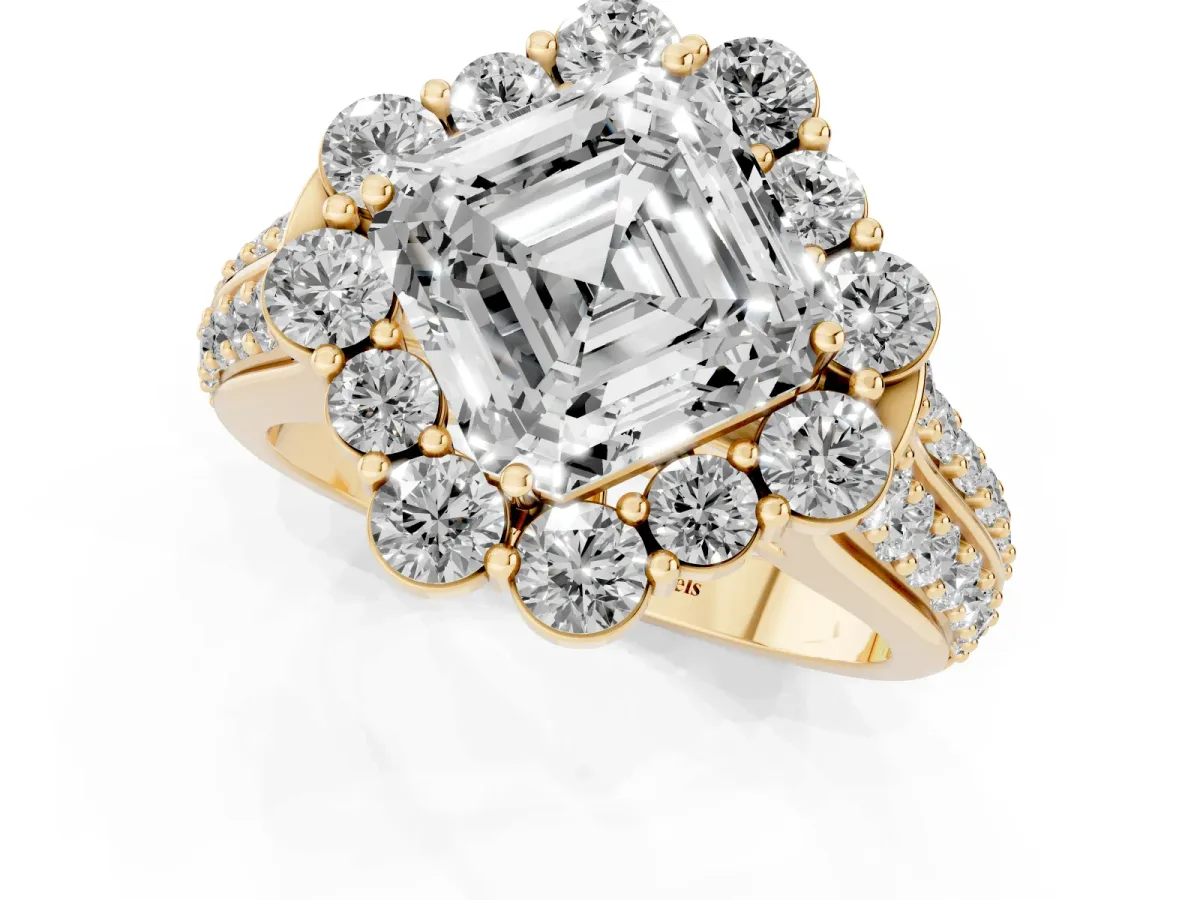 Asscher Cut Halo Diamond Engagement Ring with Split Shank and Prong Setting Yellow gold