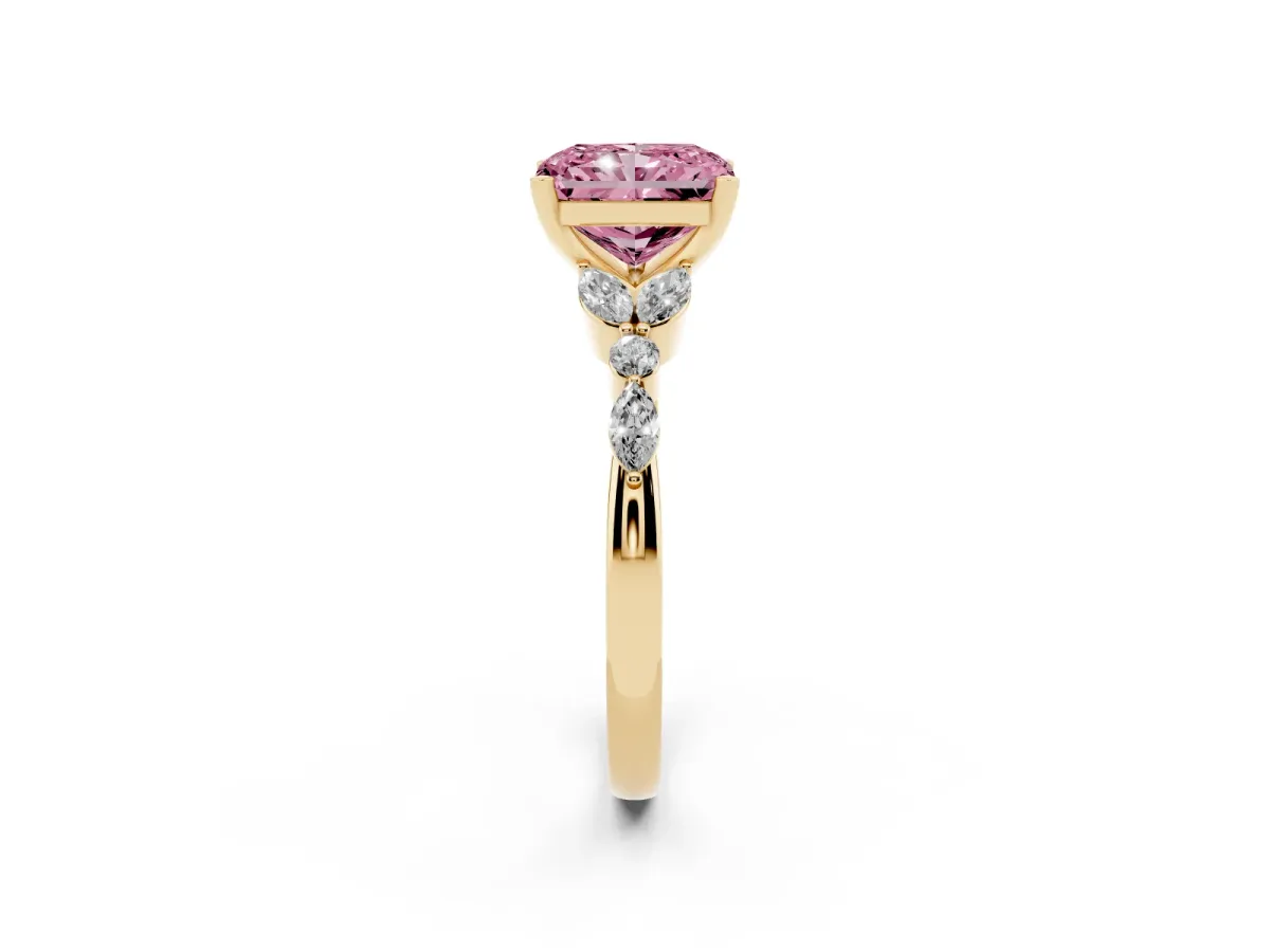 Fancy Pink Radiant Cut Diamond Solitaire Ring with Side Stones and Four-Prong Setting Yellow gold