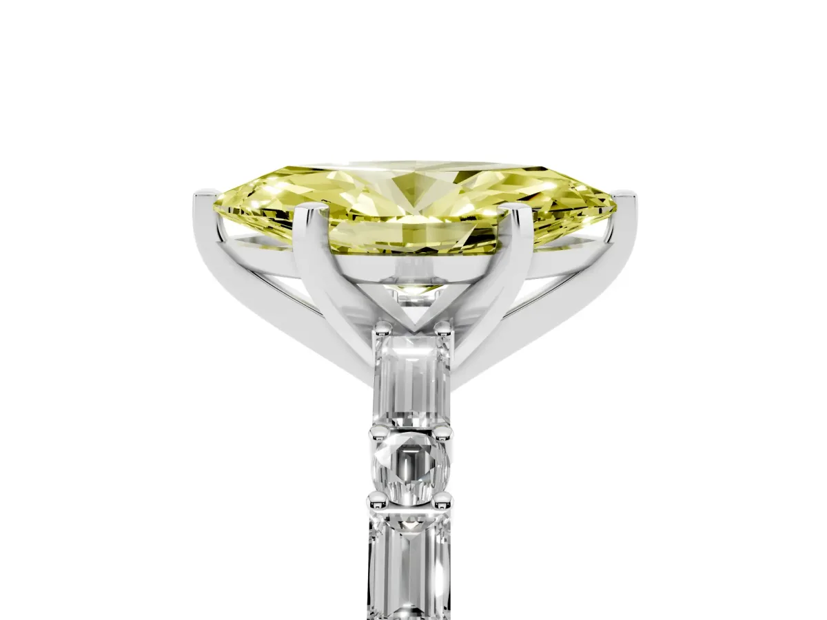 Fancy Yellow Marquise Cut Diamond Solitaire with Side Baguettes and Channel Set Band Platinum