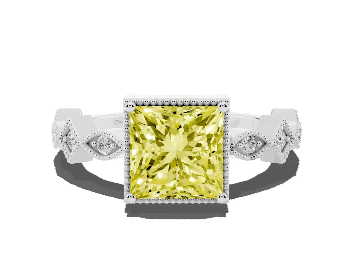 Fancy Yellow Princess Cut Milgrain Marquise Diamond Twist Band Ring Silver