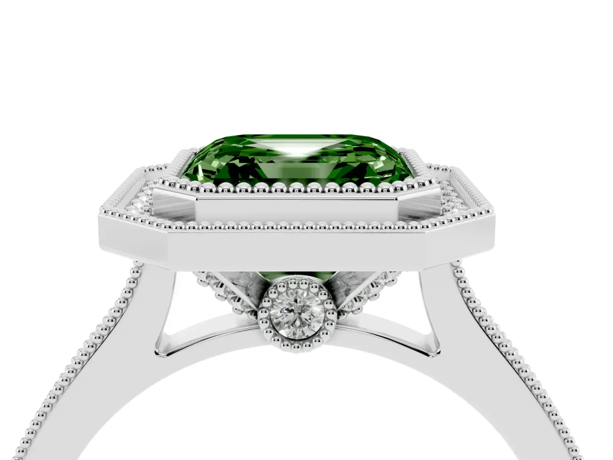 Fancy Green Halo Asscher Cut-Cut Diamond Pave Band Milgrain Prong Setting Ring Platinum