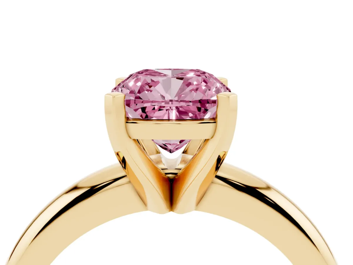 Fancy Pink Cushion Cut Diamond Solitaire Engagement Ring with Round Band and Four-Prong Setting Yellow gold