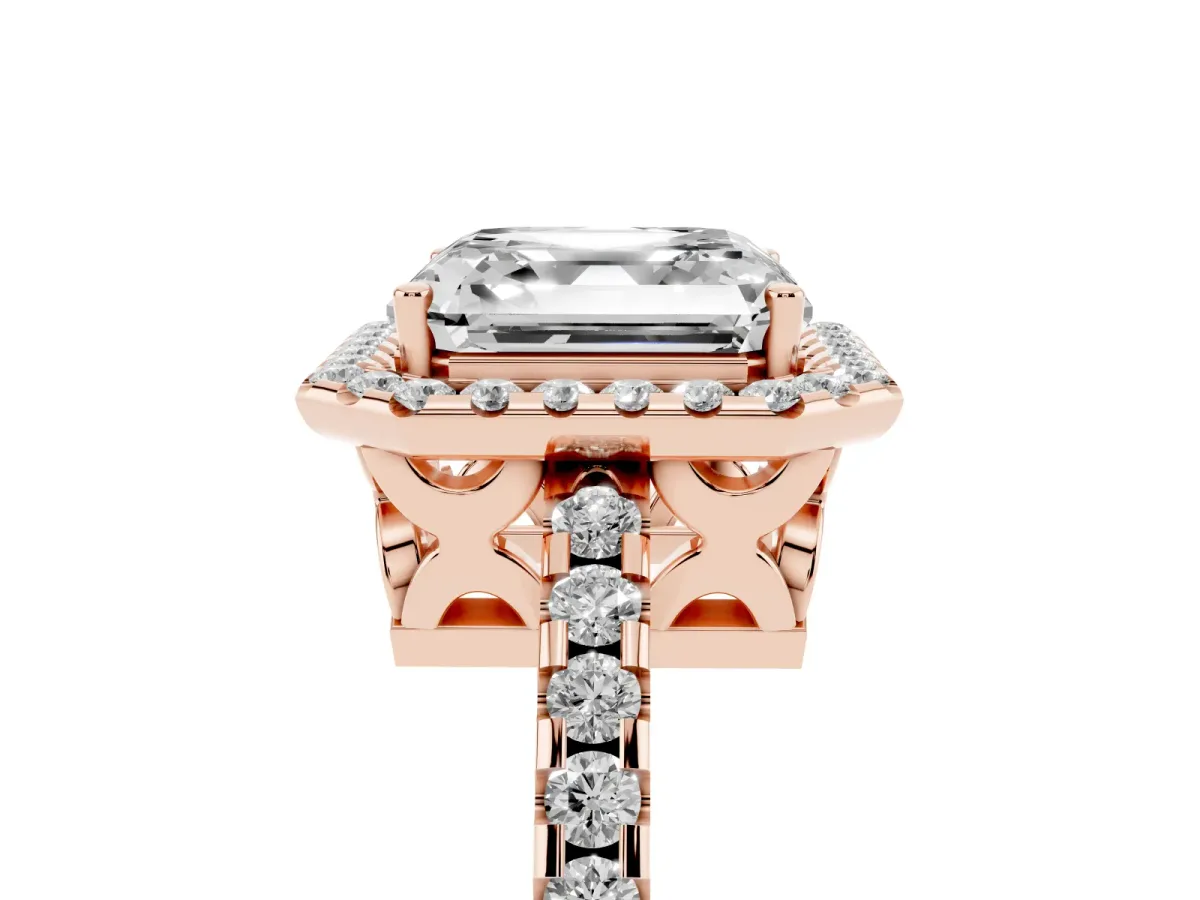 Asscher Cut Diamond Halo Engagement Ring with Pavé Band and Prong Setting Rose gold