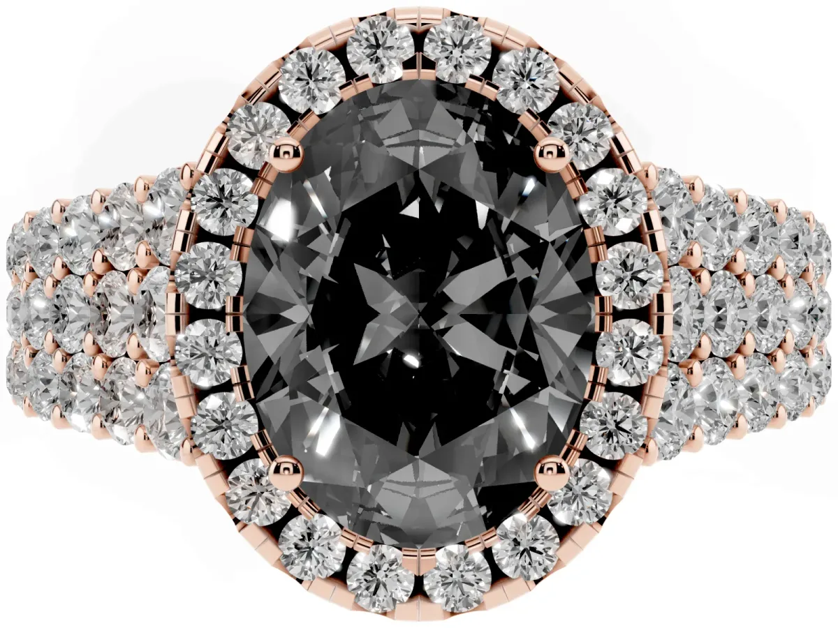 Fancy Black Oval Cut Diamond Halo Engagement Ring with Triple Row Round Pavé Band and Prong Setting Rose gold