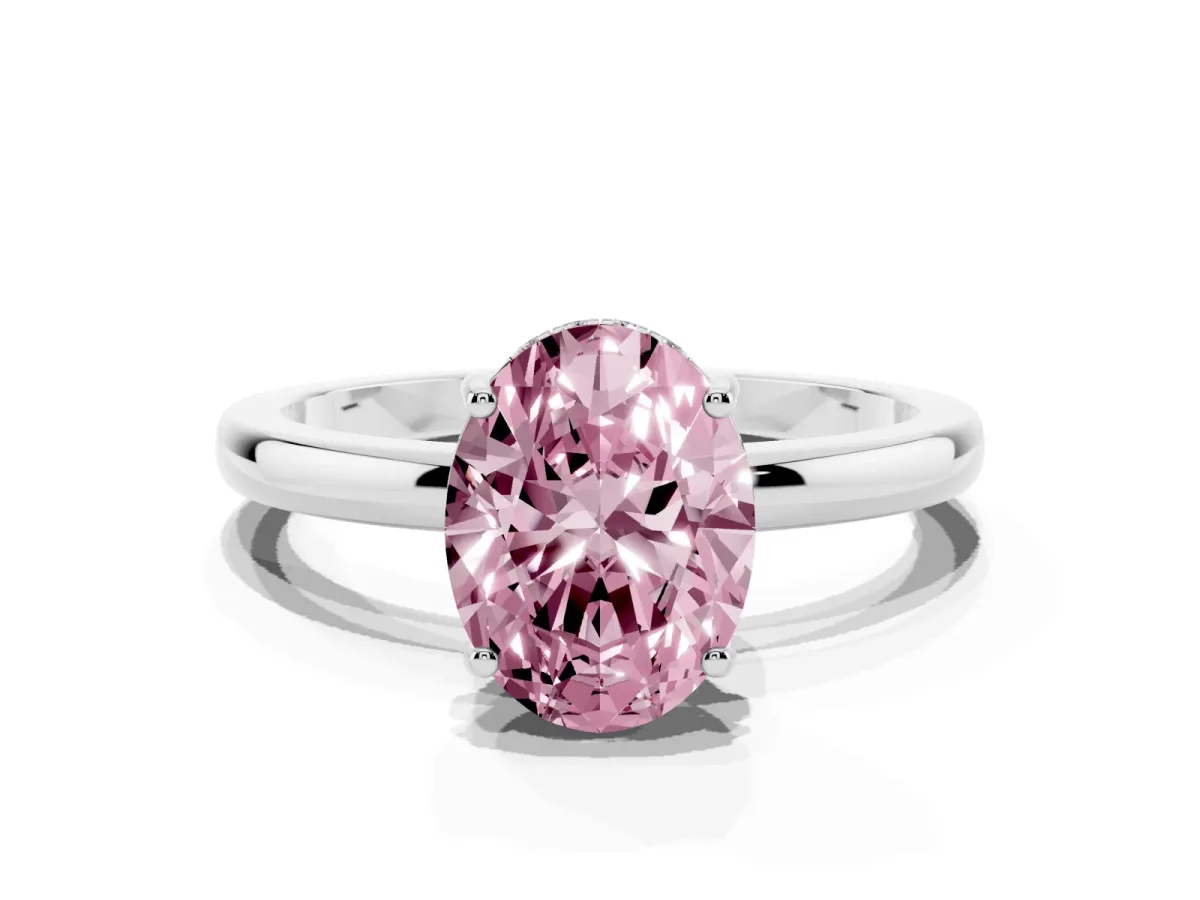 Fancy Pink Oval Cut Solitaire Diamond Ring with Prong Setting and Plain Band Silver