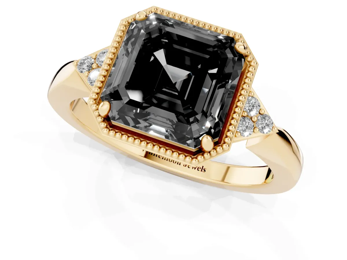 Fancy Black Hexagonal Halo Asscher Cut Diamond Solitaire with Pavé Band and Four-Prong Setting Yellow gold