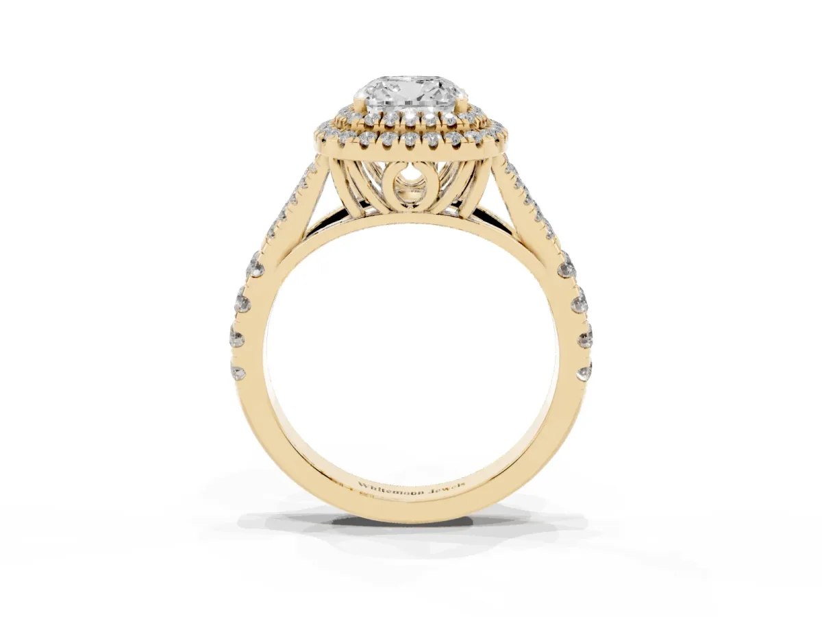 Cushion Cut Diamond Pavé Split Shank Double Halo Engagement Ring Yellow gold
