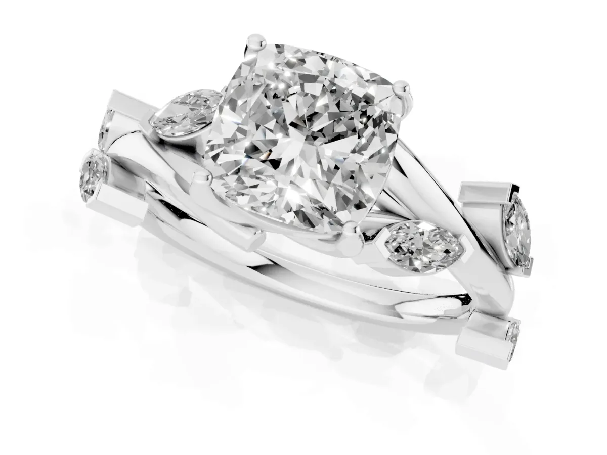 Cushion Cut Solitaire Twisted Band Marquise Accent Prong Setting Ring Silver