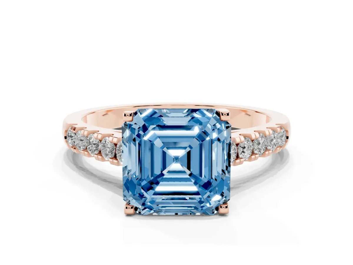 Fancy Blue Asscher Cut Diamond Pavé Band Solitaire Ring with Prong Setting Rose gold