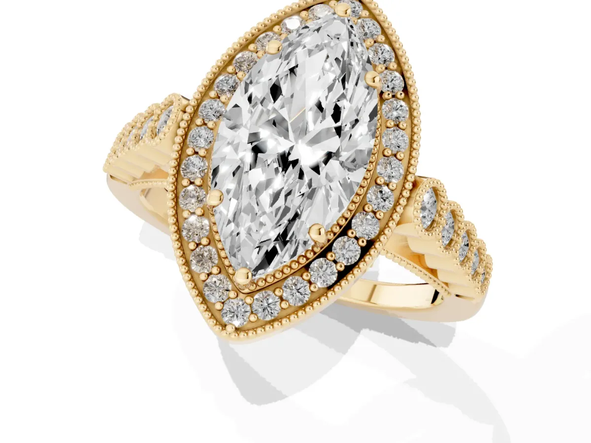 Marquise Cut Halo Milgrain Solitaire with Bezel Set Side Stones and Pave Band Yellow gold