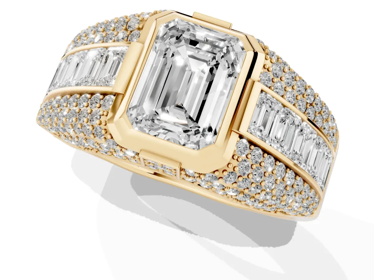 Emerald Cut Diamond Mens Ring with Side Stones Yellow gold