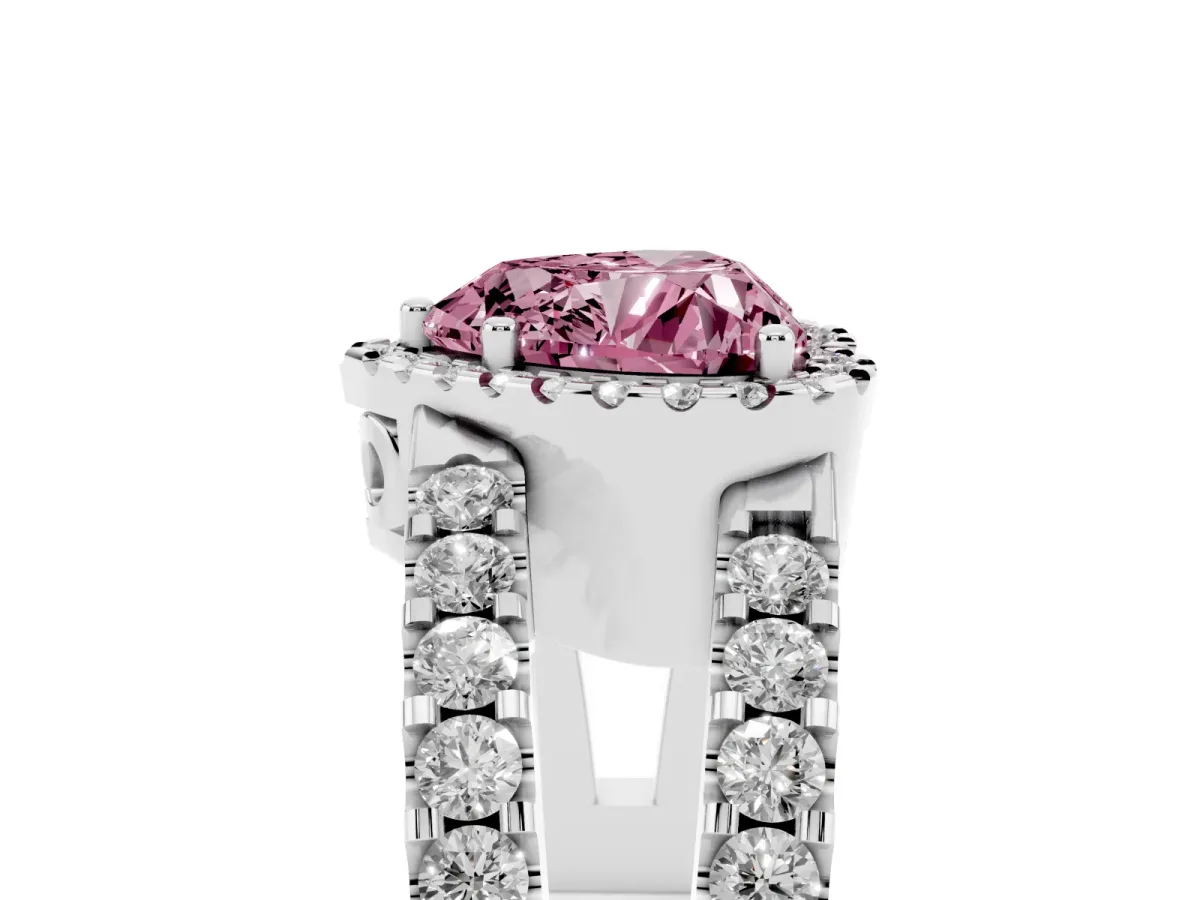 Fancy Pink Heart Cut Cut Halo Split Shank Diamond Ring with Four-Prong Setting Silver