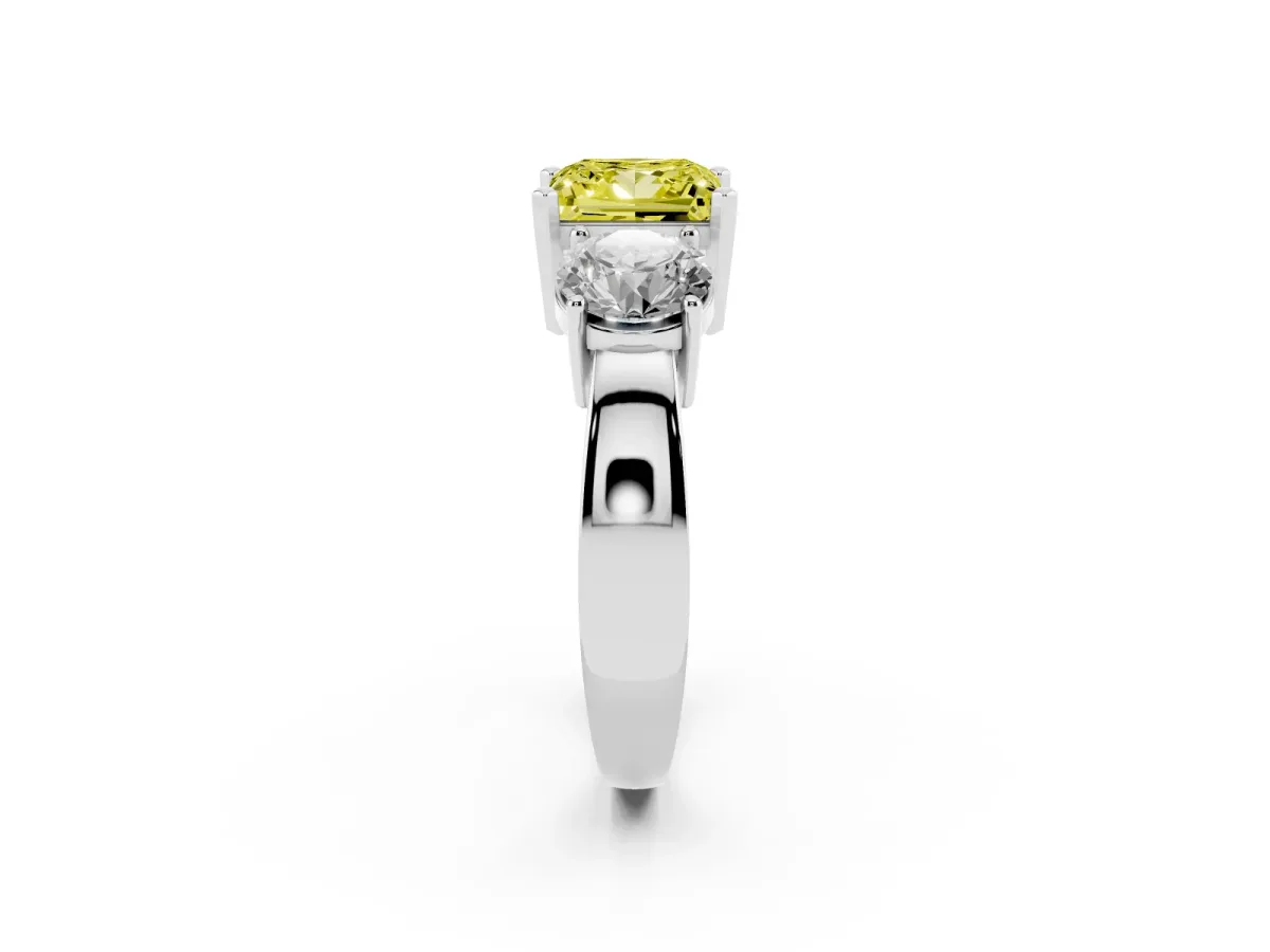 Fancy Yellow Three-Stone Princess Cut Diamond Ring with Round Side Stones, Classic Band, and Four-Prong Setting Platinum