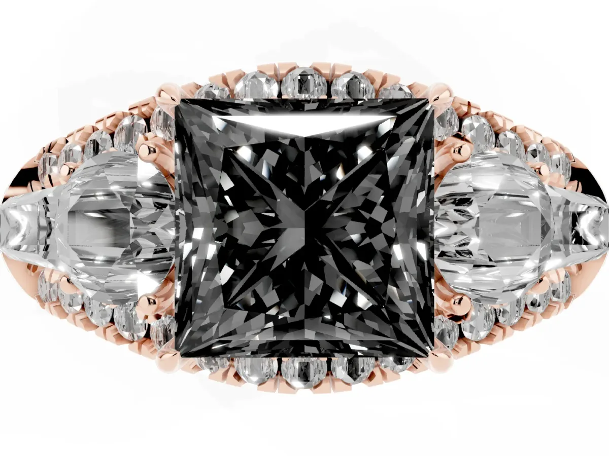 Fancy Black Three-Stone Princess Cut Diamond Engagement Ring with Pave Band and Prong Setting Rose gold