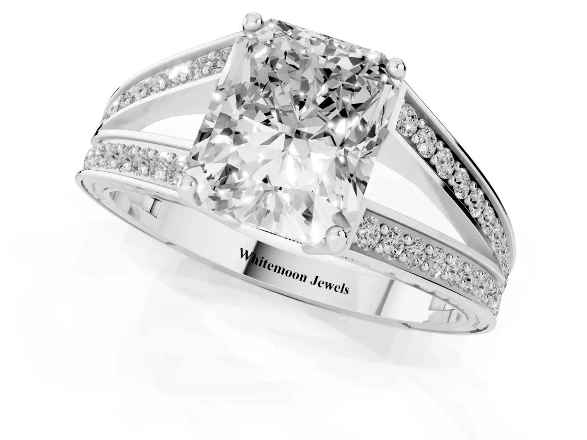 Radiant Cut Diamond Split Shank Ring with Pavé Band and Four-Prong Setting White gold