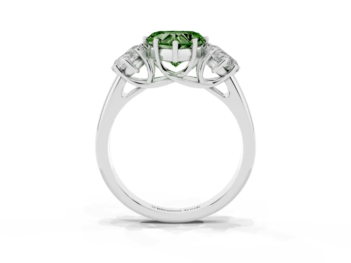 Fancy Green Three-Stone Heart Cut Diamond Engagement Ring with Prong Setting Platinum