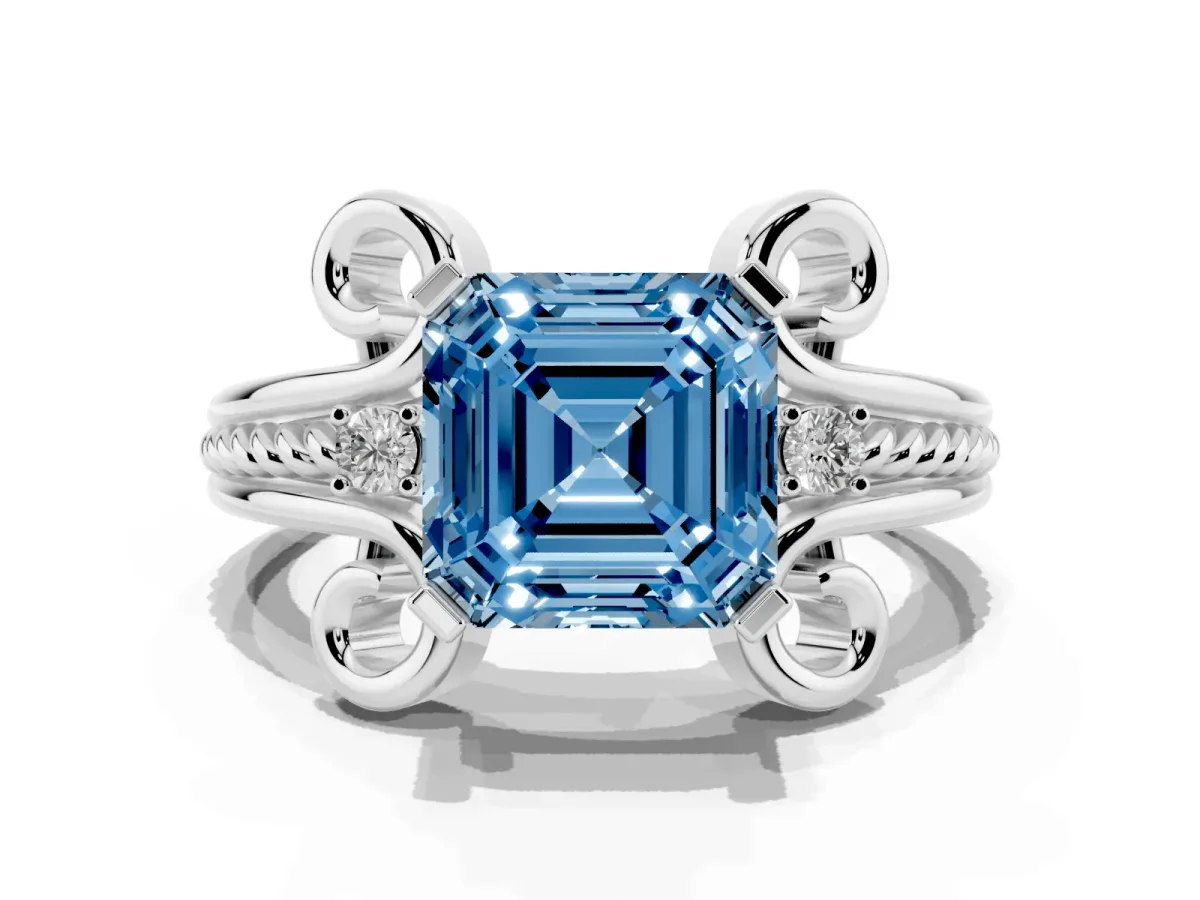 Fancy Blue Asscher Cut Solitaire Twisted Band Scroll Prong Ring Silver