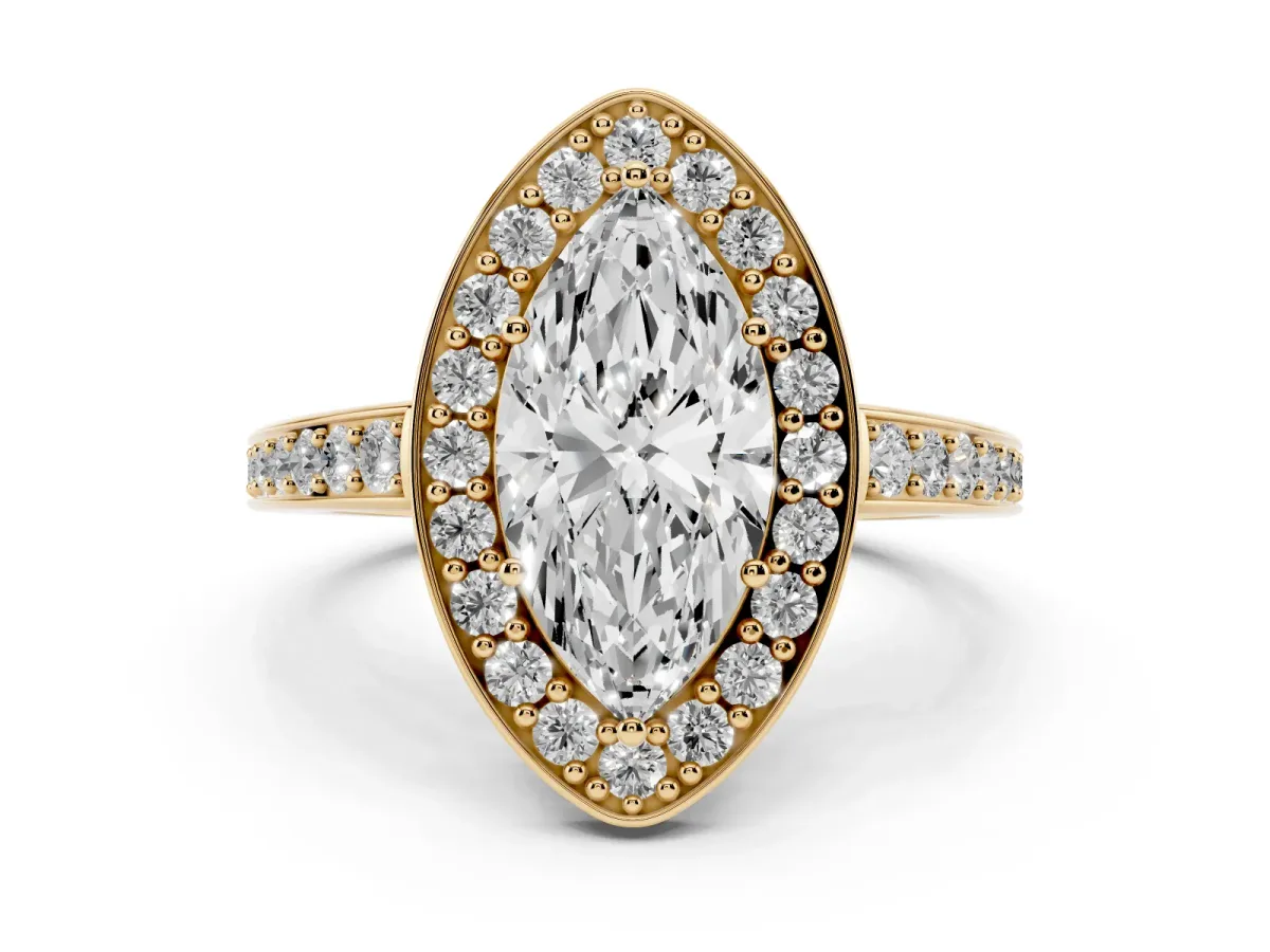 Marquise Cut Halo Pavé Diamond Engagement Ring with Bezel Setting Yellow gold