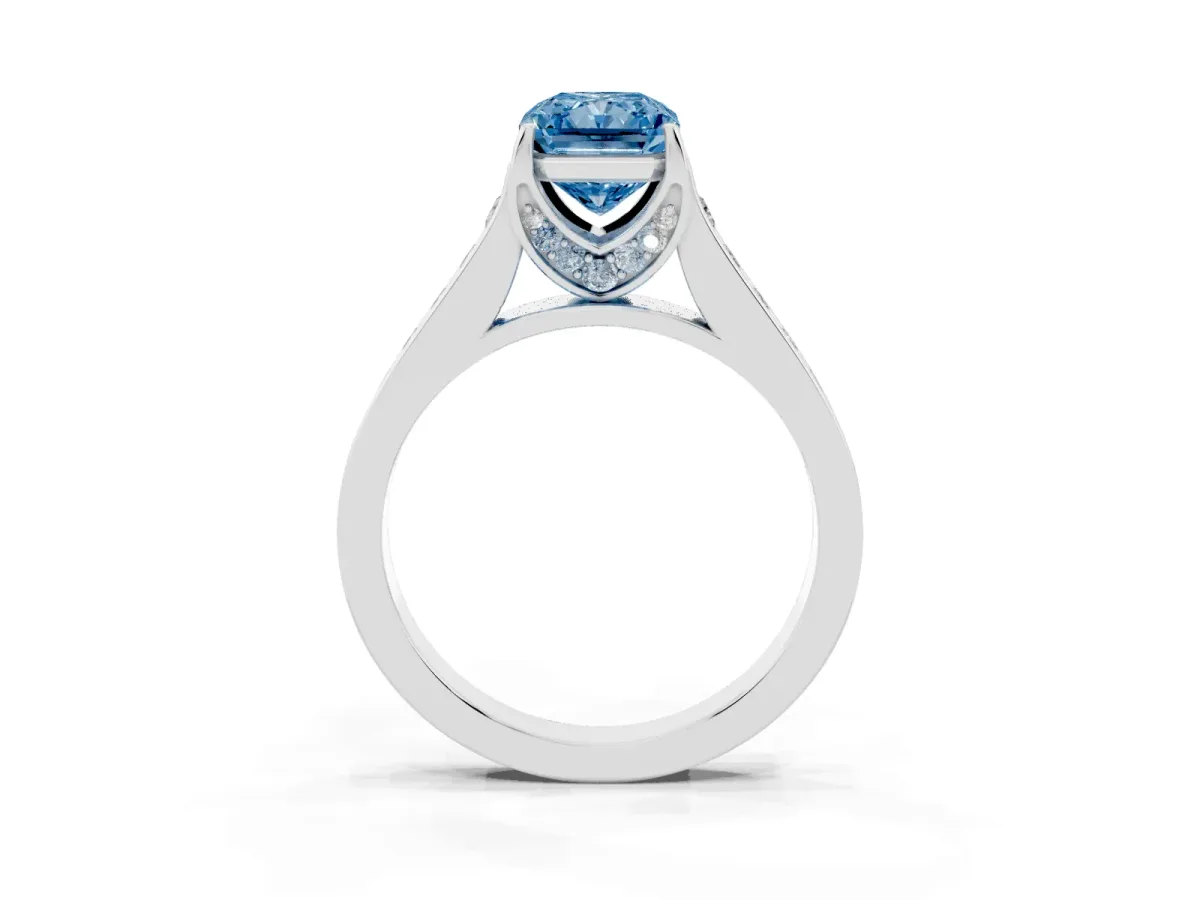 Fancy Blue Radiant Cut Brilliant Cut Diamond Engagement Ring with Pavé Band and Four-Prong Setting White gold