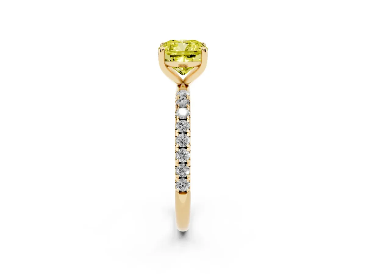 Fancy Yellow Cushion Cut Cut Diamond Solitaire Ring with Micro Pave Band and Four Prong Setting Yellow gold