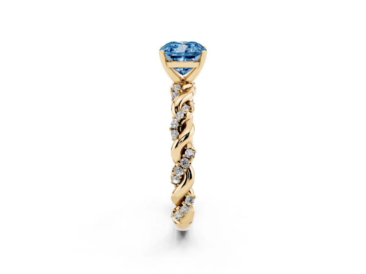 Fancy Blue Cushion Cut Diamond Solitaire Ring with Twisted Band and Pavé Accents Yellow gold