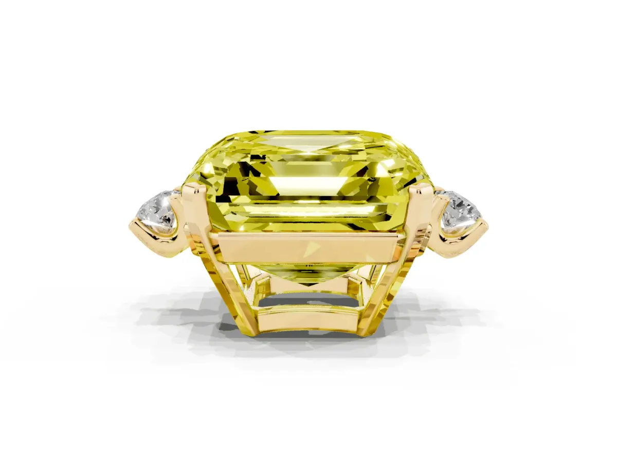 Fancy Yellow Asscher Cut Cut Three-Stone Solitaire Ring with Round Accent Diamonds and Four-Prong Setting Yellow gold