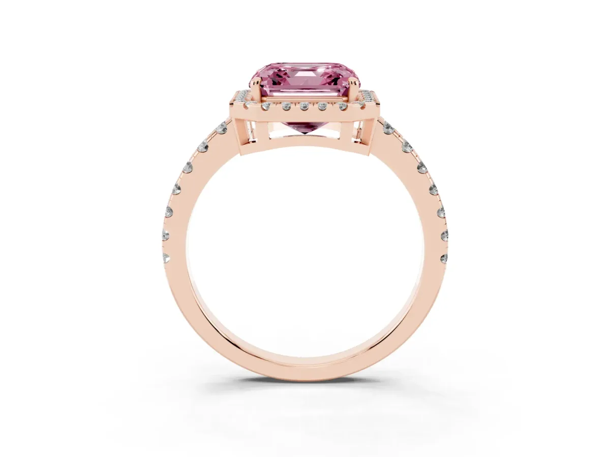 Fancy Pink Asscher Cut Diamond Halo Ring with Pavé Band and Four-Prong Setting Rose gold