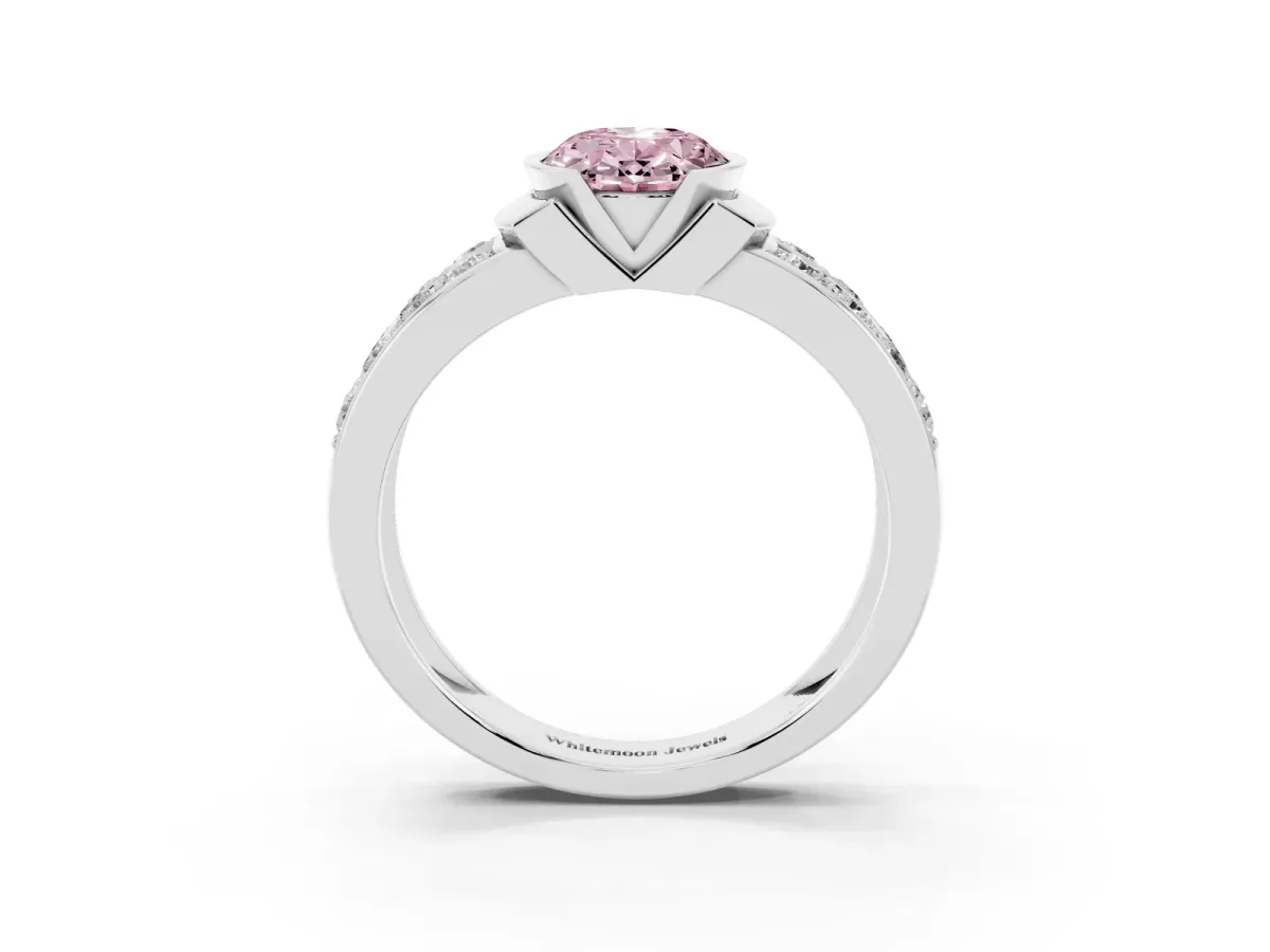 Fancy Pink Oval Cut Brilliant Diamond Channel Set Wide Band Ring with Bezel Setting Silver