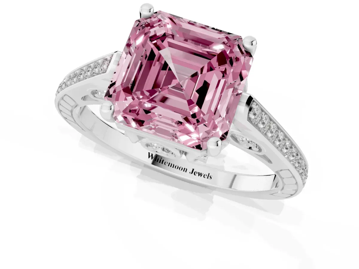 Fancy Pink Asscher Cut Cut Cathedral Pave Diamond Engagement Ring with Six-Prong Setting Silver