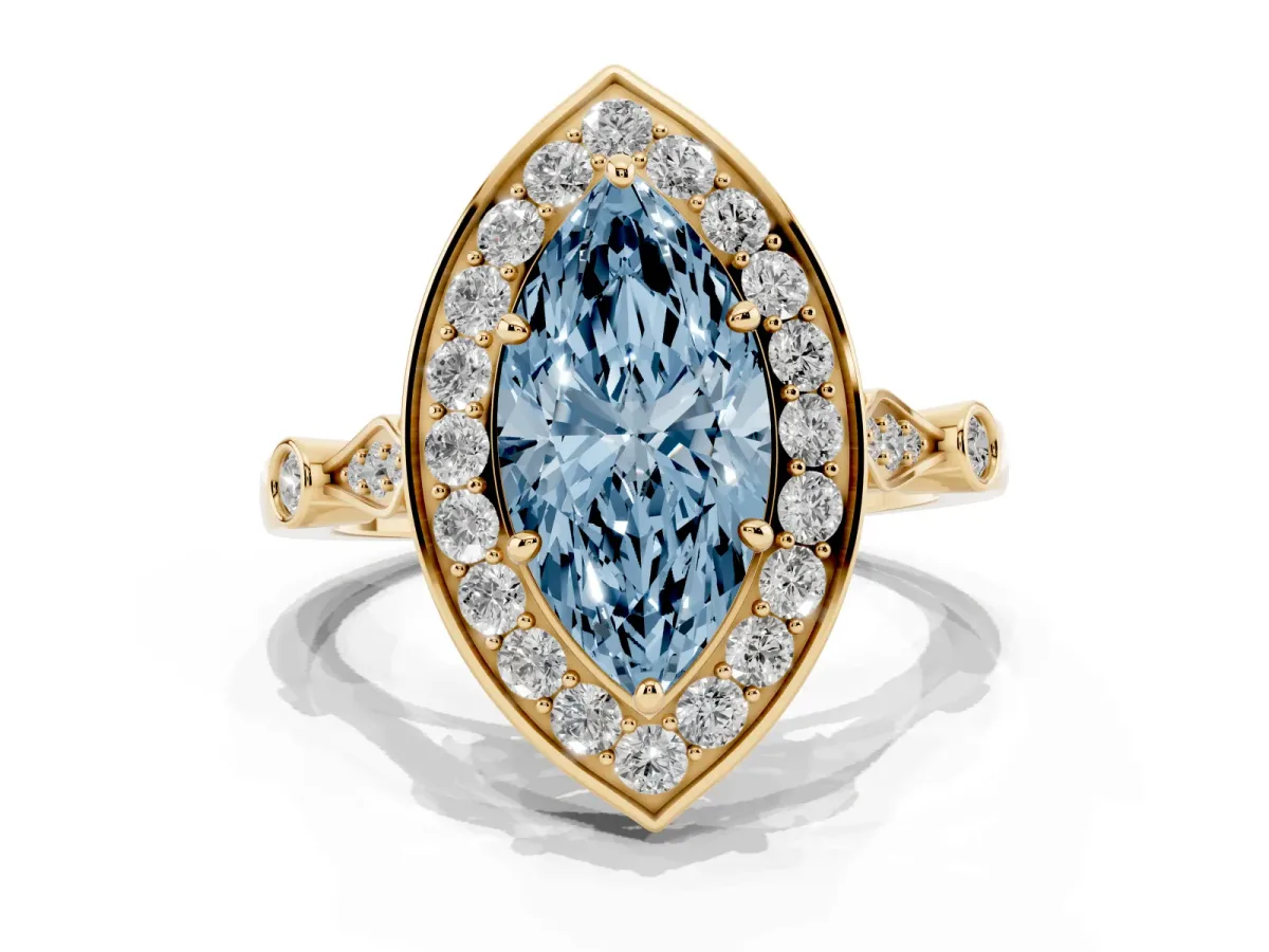 Fancy Blue Marquise Cut Halo Diamond Engagement Ring with Twisted Band and Four-Prong Setting Yellow gold