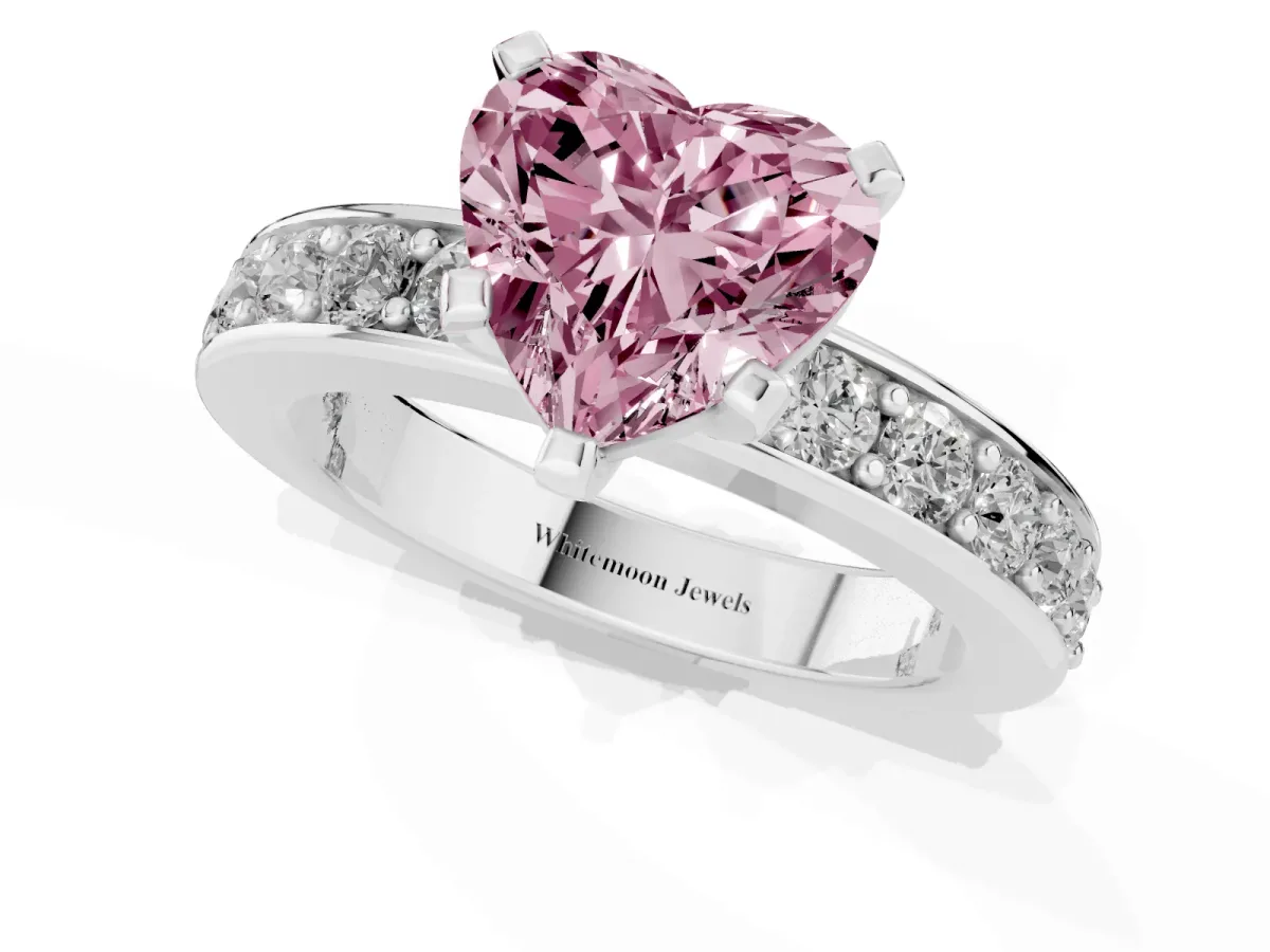 Fancy Pink Heart Cut Diamond Engagement Ring with Channel Set Round Band and Prong Setting White gold