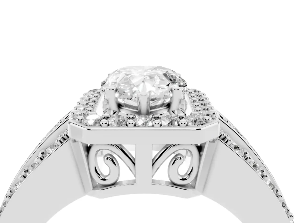 Pear Cut Halo Diamond Ring with Round Split Shank and Prong Setting White gold