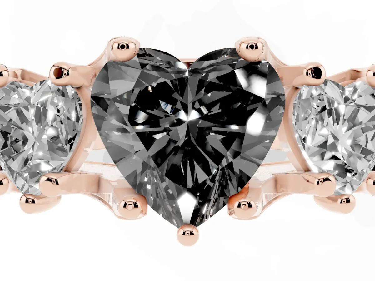 Fancy Black Heart Cut Diamond Three-Stone Ring with Channel Set Band and Four-Prong Setting Rose gold