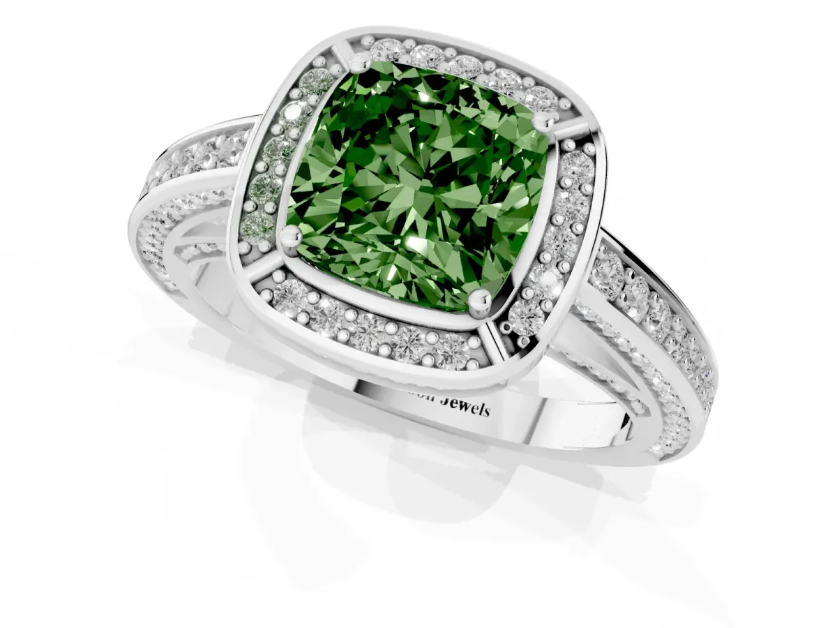 Fancy Green Cushion Cut Cut Halo Pave Split Shank Prong Setting Ring Silver