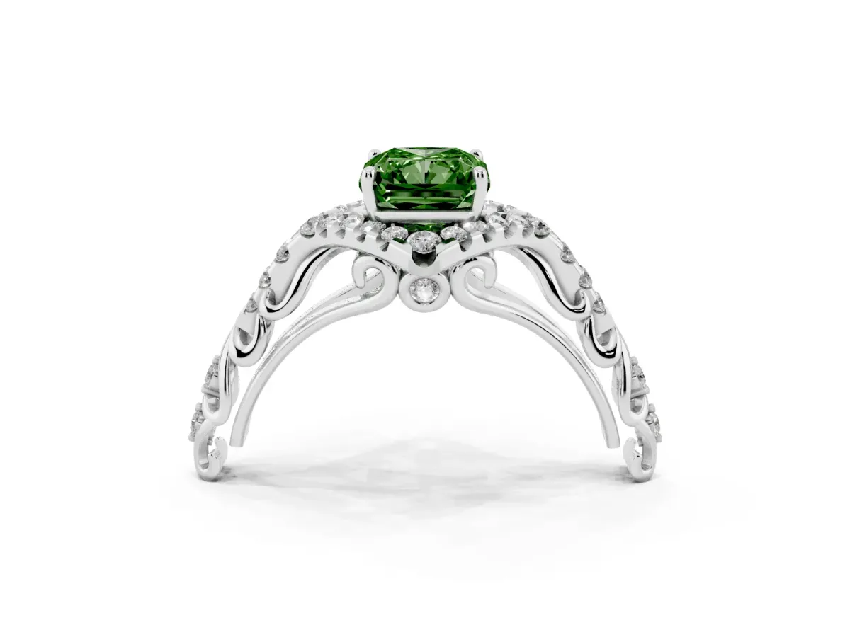 Fancy Green Radiant Cut Diamond Solitaire Ring with Hidden Halo and Pavé Band White gold