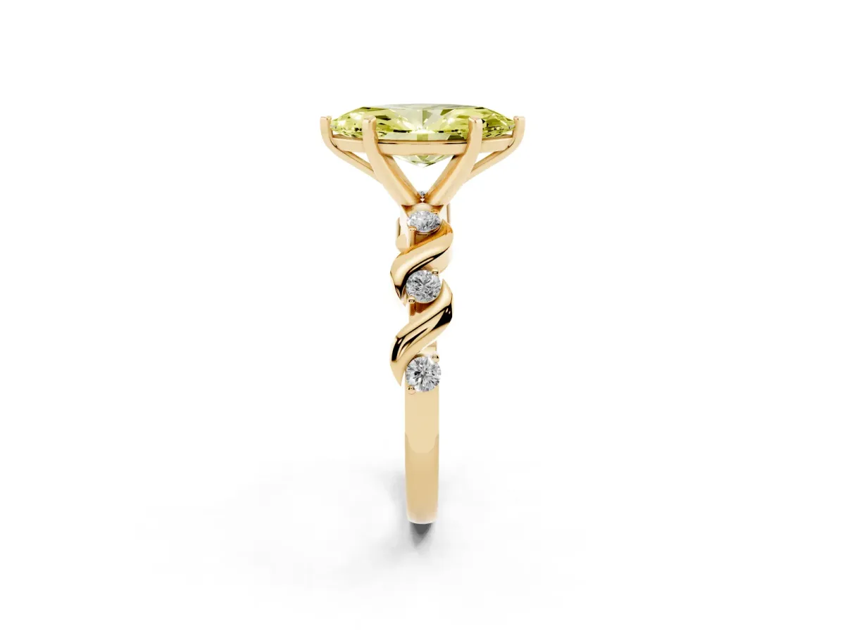 Fancy Yellow Marquise Cut Diamond Solitaire Twisted Band with Round Accents and Prong Setting Yellow gold