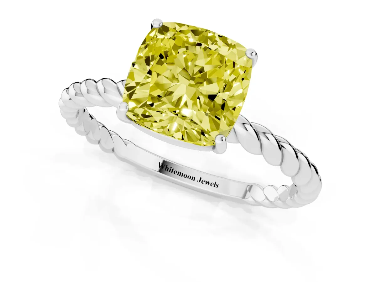 Fancy Yellow Cushion Cut Solitaire Twist Band Ring with Four-Prong Setting Platinum