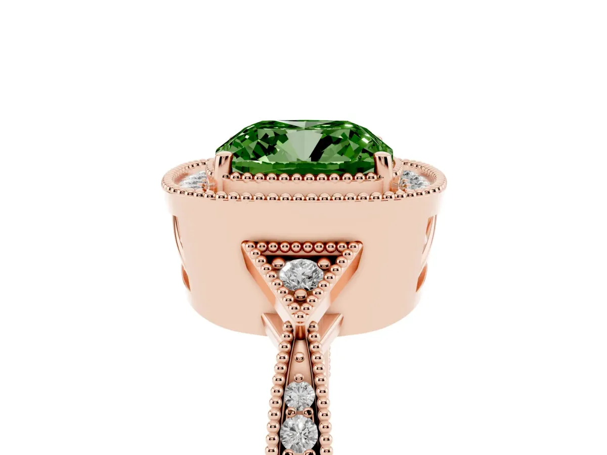 Fancy Green Cushion Cut Halo Round Diamond Milgrain Pave Engagement Ring Rose gold